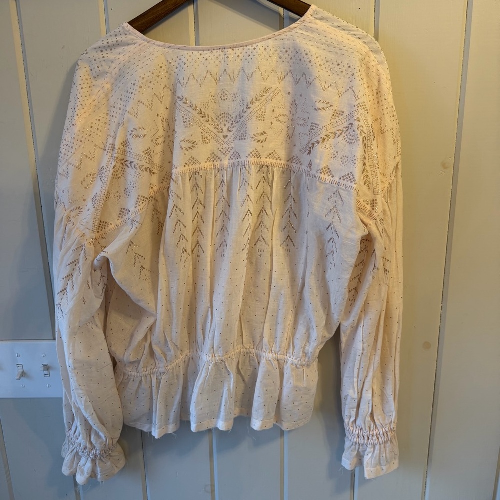 NWT Free People Cream Sparkly Patterned V-Neck Blouse, Size Large - Picture 10 of 14